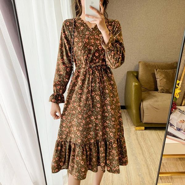 

casual dresses autumn and winter for women 2021 corduroy korean print a-line bow flare sleeve empire blusas ladies 0900, Black;gray