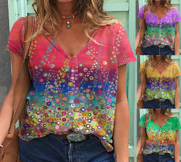 

2021 loose short sleeve v-neck printed women's t-shirt, White