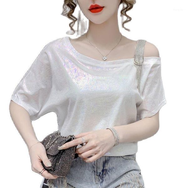

women's t-shirt elegant slant collar shoulder drill chain sling short sleeve white off oversize women fashion