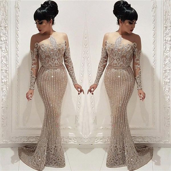 

sparkling arabic sequins lace mermaid prom dresses elegant long sleeves sheer crew neck evening gowns plus size vestidos de festa 2021, Black;red