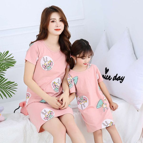 

children's nightdress summer cotton short sleeve thin girl's pajamas baby's mother daughter dress parent child home clothes, Blue;red