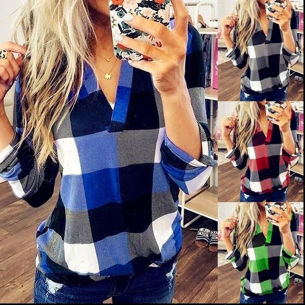 

2021 autumn winter women blouses vintage hollow out v neck plaid casual belong sleeve 5xl big large plus sizes, White