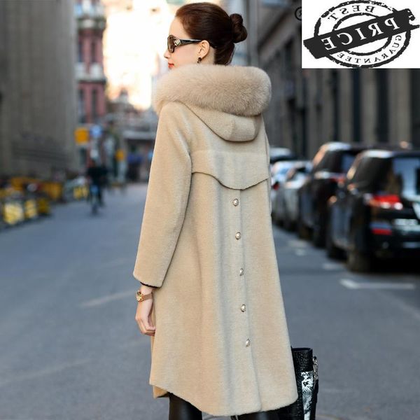 

women's fur & faux natural real coat female winter jacket for women sheep shearing long large hooded clothes hiver a1a111, Black