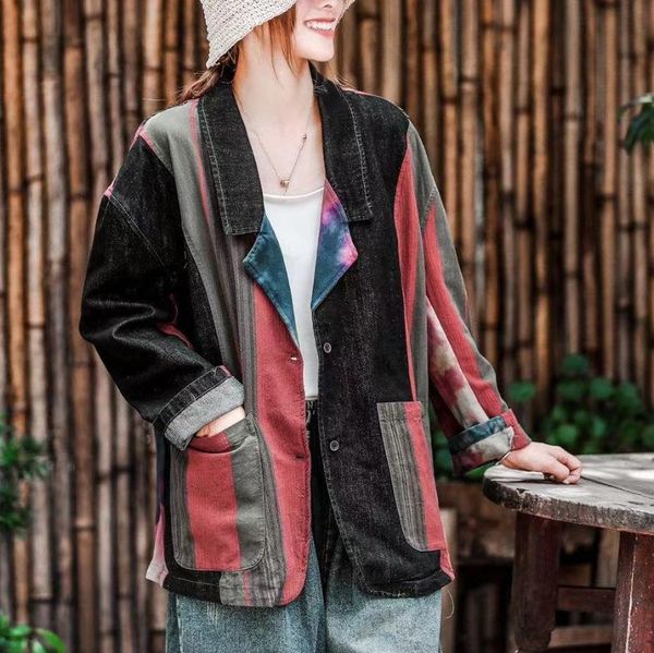 

2021 autumn spliced striped denim suit coats women turn-down collar full sleeve loose jackets, Black;brown