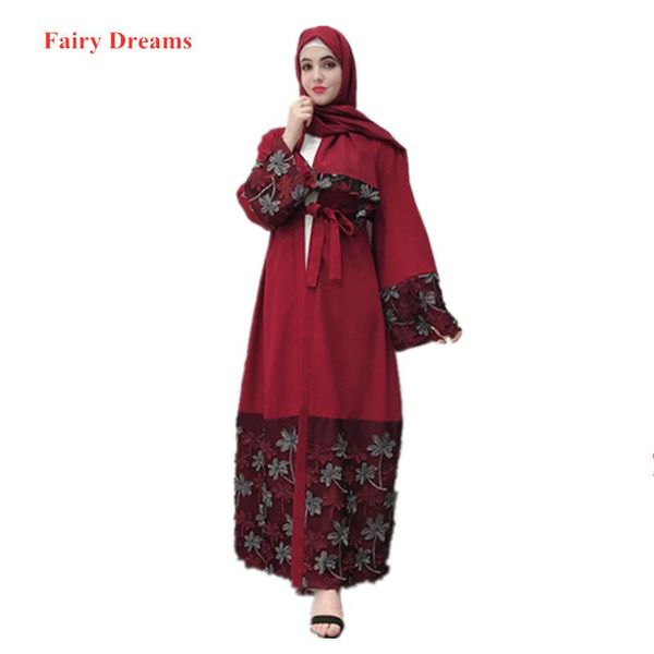 

ethnic clothing open abaya kimono dubai turkey bangladesh islamic black red lace flowers kaftan women bandage cardigan muslim robe