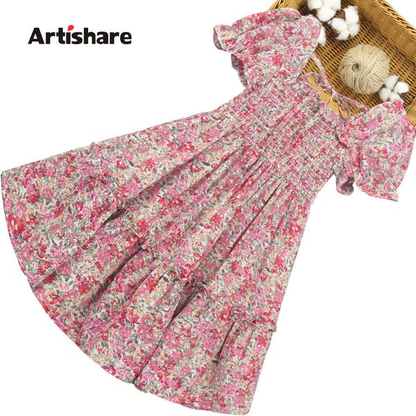 Vestido de verão para meninas vestidos de impressão floral para menina quadrado colarinho vestido de festa criança borboleta traje de manga para meninas 210303