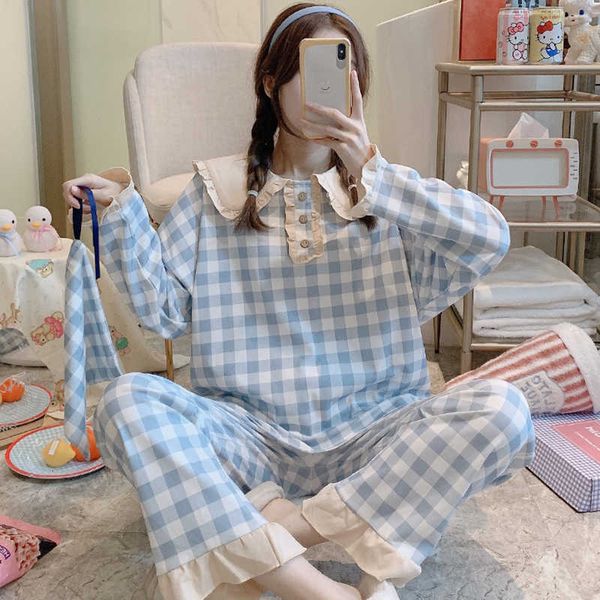 

women's sleepwear long sleeve pajamas women vintage plaid kawaii trouser suits female spring loungewear home wear 2 piece set ycrh, Black;red