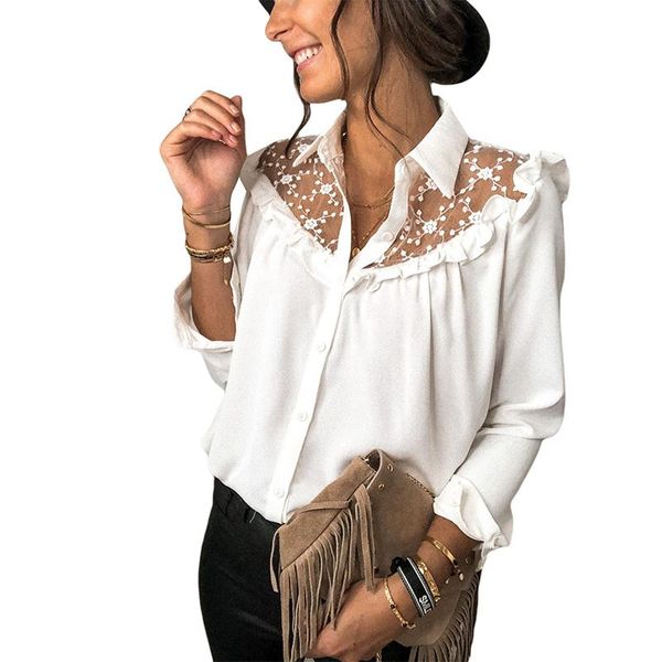 

fy womens shirts long sleeve button down shirt lace shoulder blouse tunic ladies blouses and shirts bluzka damska, White