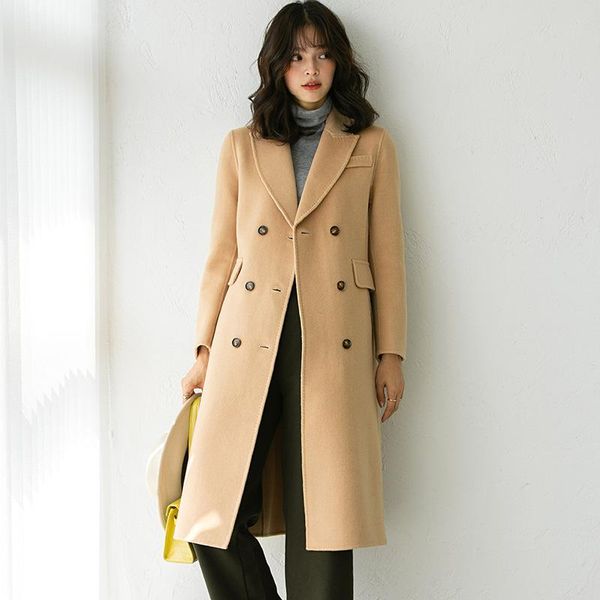 

women's wool & blends xiuye classic quality autumn winter 2021 double breasted 100% faced long overcoat for women, Black