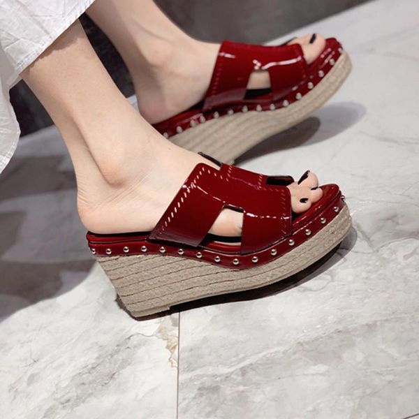 

slippers fast delivery 2021 spring and summer high heel wedge platform women genuine leather comfortable shoes, Black