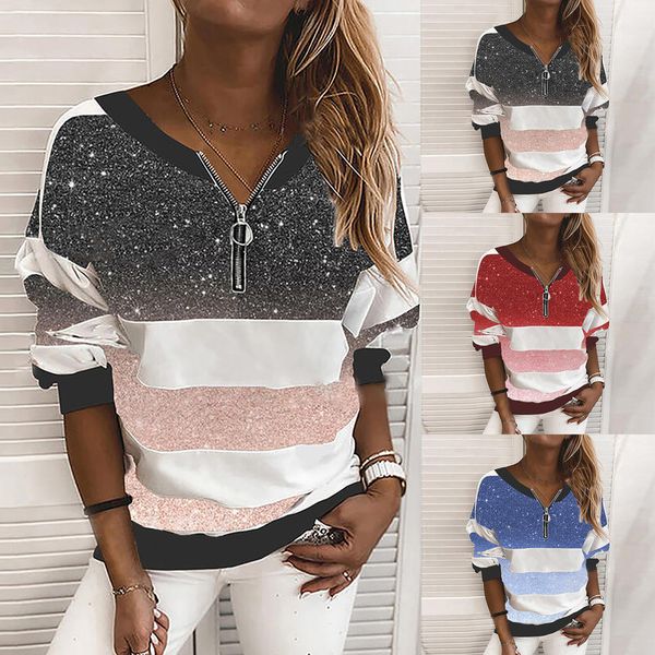

2021 autumn women's casual t-shirt amazon new striped print pullover half zipper loose top, White