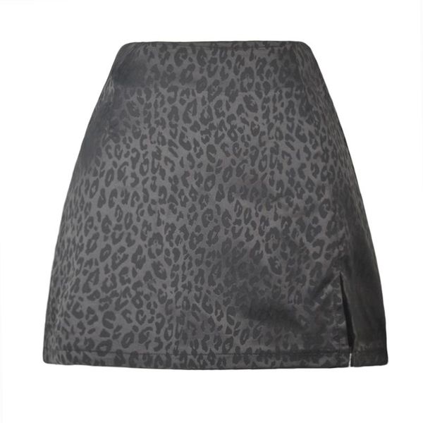 

skirts womens summer high waist split skirt jacquard satin leopard print streetwear female mini, Black