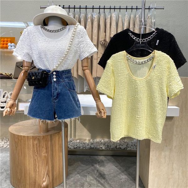 

women's t-shirt brand original design 2021 personalized chain short sleeve loose v-neck pullover hollow foreign style aging top, White