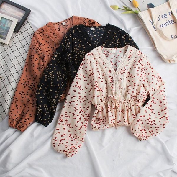 

women's blouses & shirts puff long sleeve shirt women elegant v-neck lace chiffon boho ladies crop blouse 2021 spring autumn fashion c, White