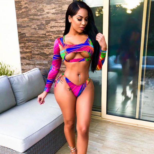 

swimsuit women bandage swimwear summer print swimwear low waist thong bikini set long sleeve hollow lace up bathing suit bikini