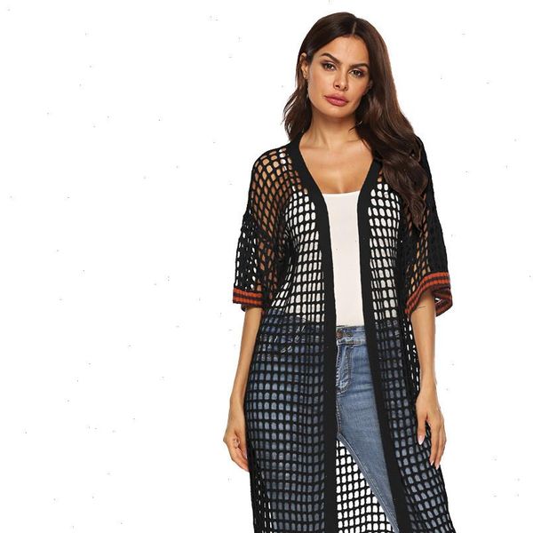 

women half sleeve patchwork open cape casual coat blouse kimono jacket cardigan knitted mesh cardigan cutout high quality, White;black
