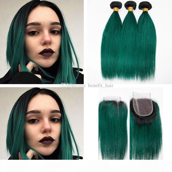 

ombre black dark green hair 3 bundles with 4x4 closure silky straight virgin human hair weft extension with 1b green closure 4x4, Black;brown