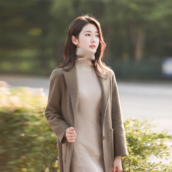 

light luxury autumn high collar knitted dress and for women in winter, Black;gray