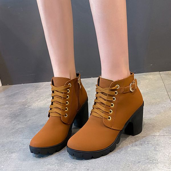 

autumn and winter high thick heels large side zipper women's short martin single boots, Black