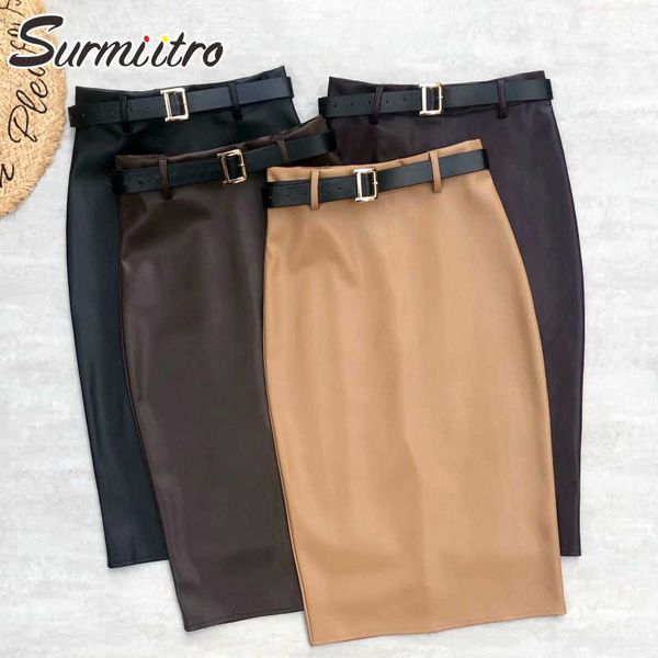 

surmiitro autumn winter pu leather midi skirt women korean style black knee length high waist pencil skirt female with belt 210712