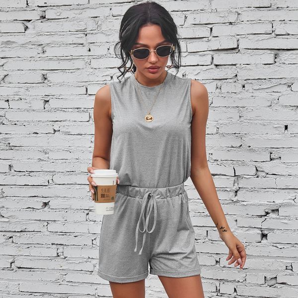 

2021 new women casual sleeveless short pants solid color o-neck t shirt elastic waist home wear summer two pieces sport suits zqki, Gray