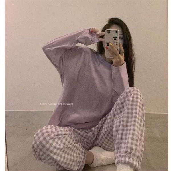 

pajamas for girls sleep + plaid pants home clothes women loungewear pijamas femme sleepwear korean style trouser suits 211103, Black;red