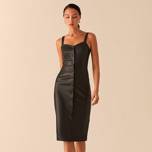 

casual dresses dabourfeel square neck sleeveless bodycon dress women buttoned pu leather ladies elegant party club 2021, Black;gray