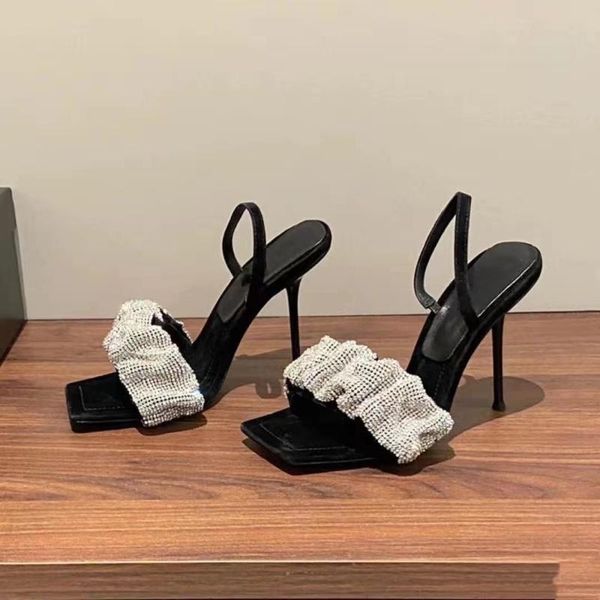 

2021 new high-heeled shoes with square toe rhinestone sandals hollow open-toed slippers european and american stiletto shoes, Black