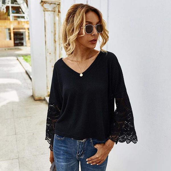 

women's blouses & shirts 2021 autumn lace hollow out t-shirt female korean fashion harajuku white long sleeve v-neck tee shirt clot