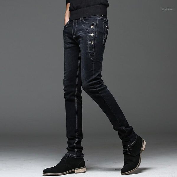 

men's straight leg jeans high stretch tights fashion mid-waist pants, Black