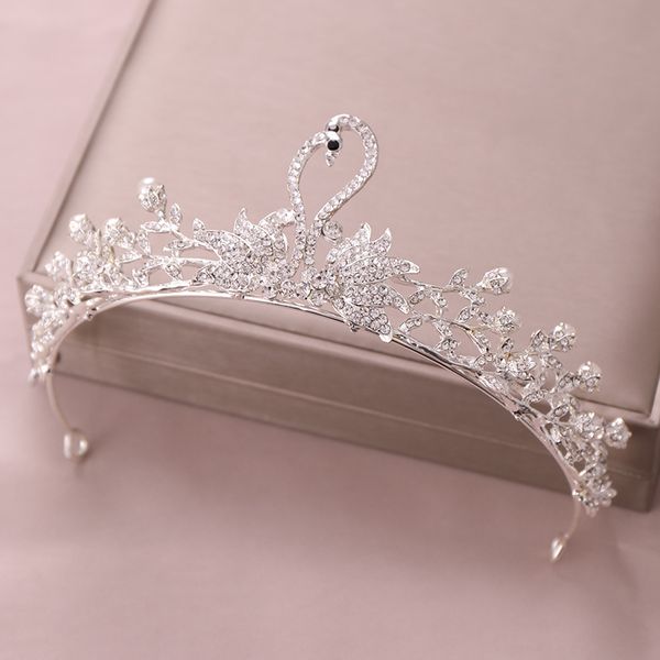 

trendy silver color pearl rhinestone swan crown brides tiata wedding headdress jewelry hair ornaments bride princess crown giftdio chan cont, White;golden