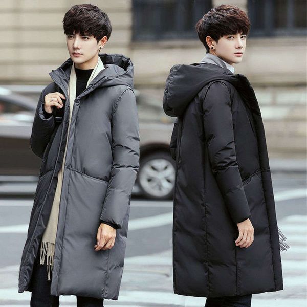 

down jacket middle and long men's korean version thickened white down young men's down jacket slim fit student men's coat new, Black