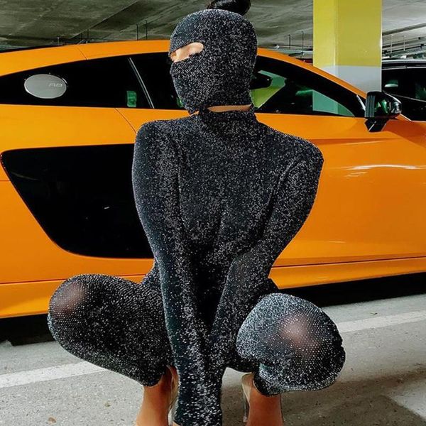 Женские леггинсы тощие Rompers Womens BodyCon комбинезон женские спортивные костюмы уличная одежда черный вязаный сексуальный металл из спине тонкий блестящий блестящий блеск