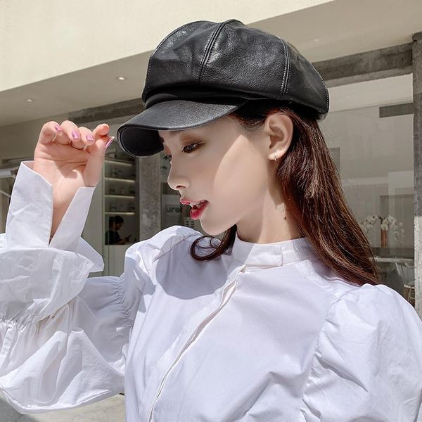 

stingy brim hats for women leather octagonal hat face-lift beret soft sister british pumpkin korean wild cap, Blue;gray