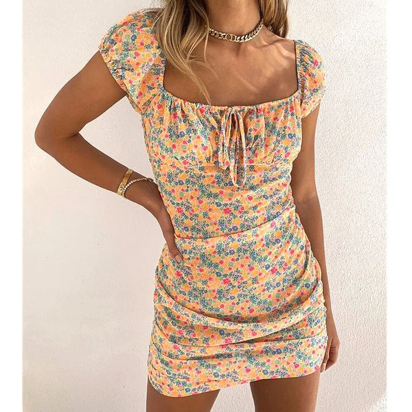 

summer sweet floral mini bodycon dress women short pencil dress fashion lady puff sleeve square collar lace-up dresses, Black;gray