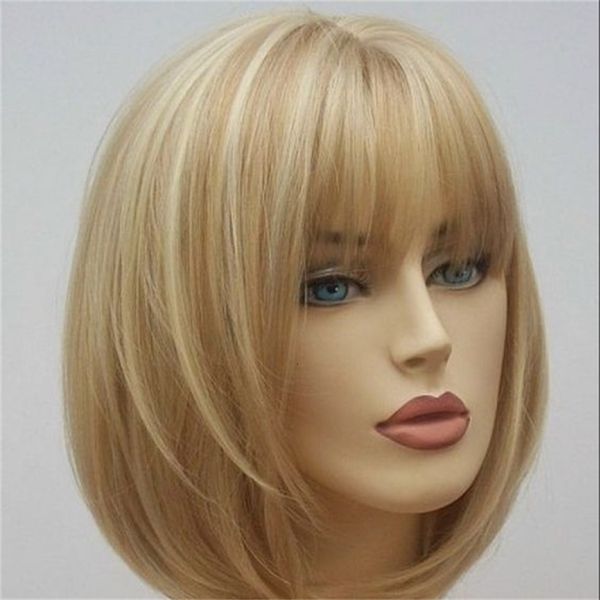 

fashionable wig beautiful goddess synthetic s head set blonde short straight hair bobble girls' middle bobo is popular, Black