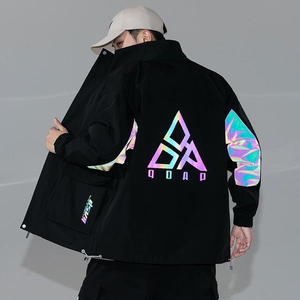 

men's jackets 2021 autumn men reflective stripes print harajuku overcoat male casual outwear hip hop streetwear cargo coats, Black;brown
