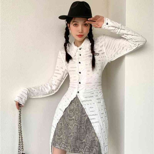 

women's knits & tees fashion long blouse women cotton sleeve embroidered letter ripped designer asymmetrical spring 7xik, White