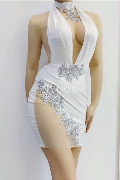 

deep v neck backless white dress rhinestones nightclub evening party prom birthday outfit women show perfromance costume, Black;red