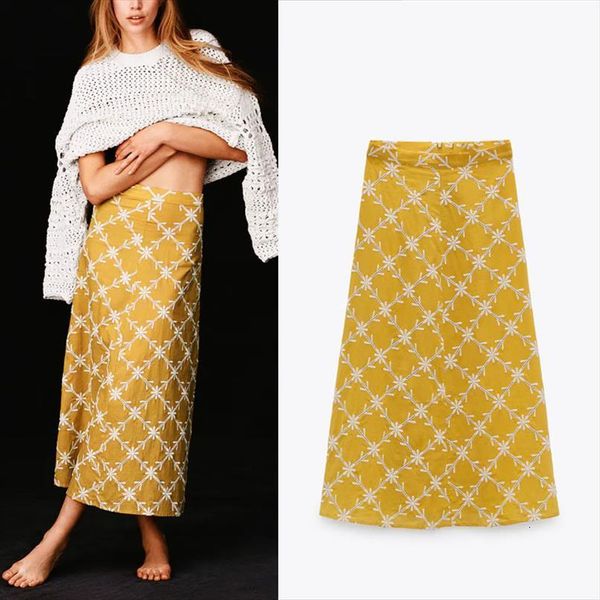 

za embroidered cape midi womens skirts summer high waist casual long back hidden zip yellow elegant shirts women, Black