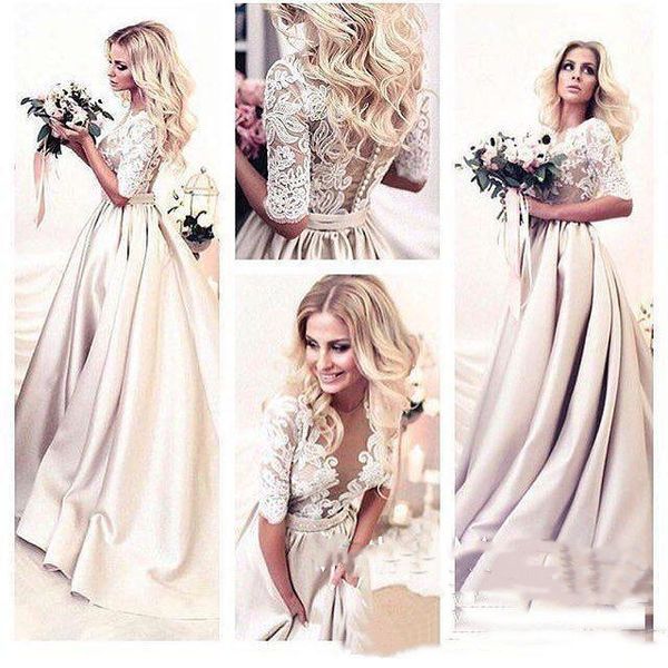 Vestidos de casamento de champanhe vintage uma linha longa vestidos de noiva varrer trem illusion jóias pescoço botões sexy jardim noiva vestido 2021