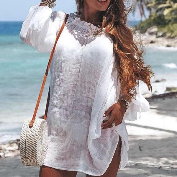 

women's swimwear beach swimsuit cover up dress tunic long sleeve pareos bikinis ups swim robe plage beachwear female bathing suit, White;black