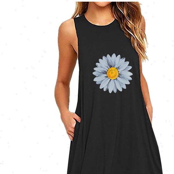 

fashion womens pocket daisy printing sleeveless a line casual nightdress dresses vestido de mujer kobieta sukienka 25, Black;gray