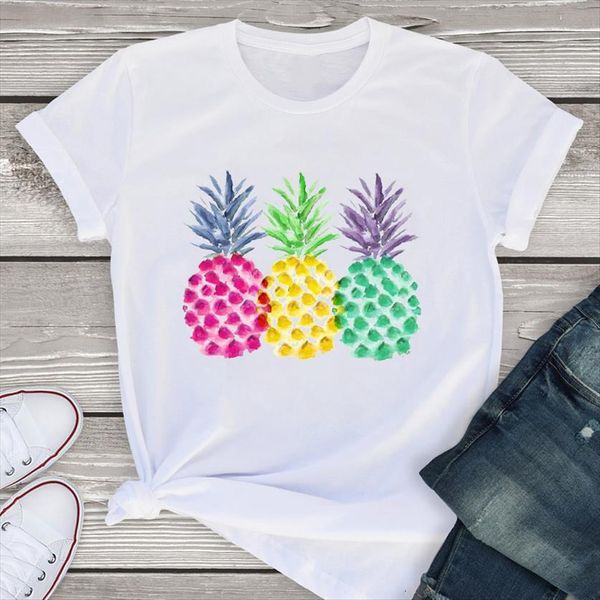 

graphic short sleeve pineapple watercolor womens plaid beach summer clothing tees female, White