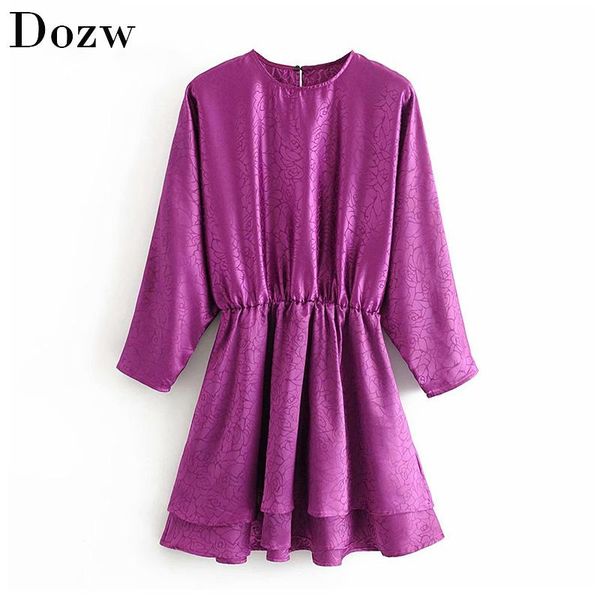 

casual dresses lady solid satin dress batwing long sleeve loose mini o neck fashion female a line hollow out sundress robe femme, Black;gray