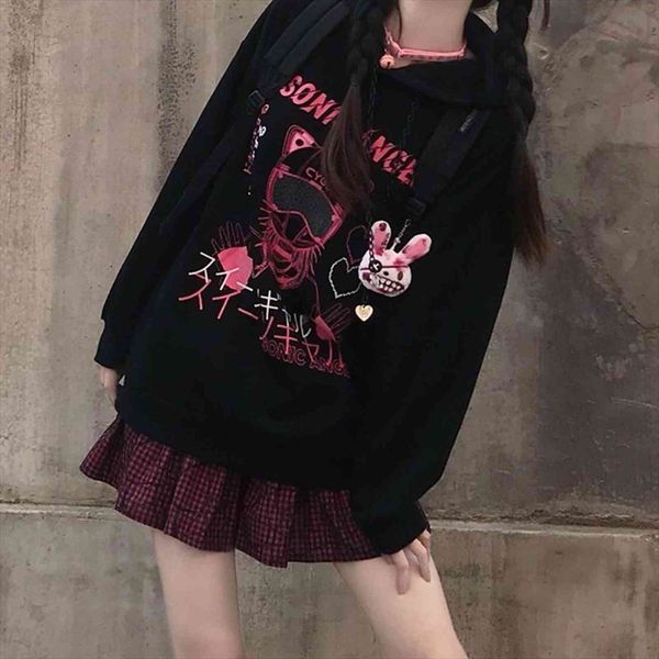 

autumn and winter ins harajuku womens hoodies bf wind cartoon graffiti printing loose plus velvet female soft girl student jacket, Black