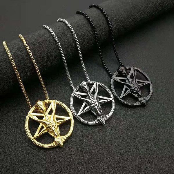 

pendant necklaces satanic goat necklace pentagram devil occult satanism lucifer demon for men him jewelry 24inch, Silver