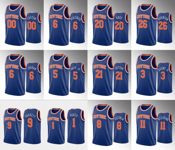 

new yorkknicksmen damyean dotson mitchell robinson kristaps porzingis rj barrett blue custom icon jersey, Black;red
