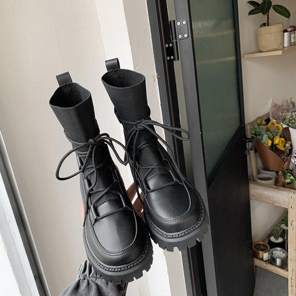 

boots stretch fabric ankle platform women shoes knitted chunky leisure breathable thick sole round toe, Black