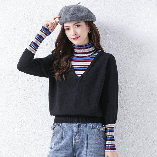 

women's sweaters women black gray patchwork turtleneck multicolor striped woolen knitted pullovers high collar soft cozy jersey knitwea, White;black